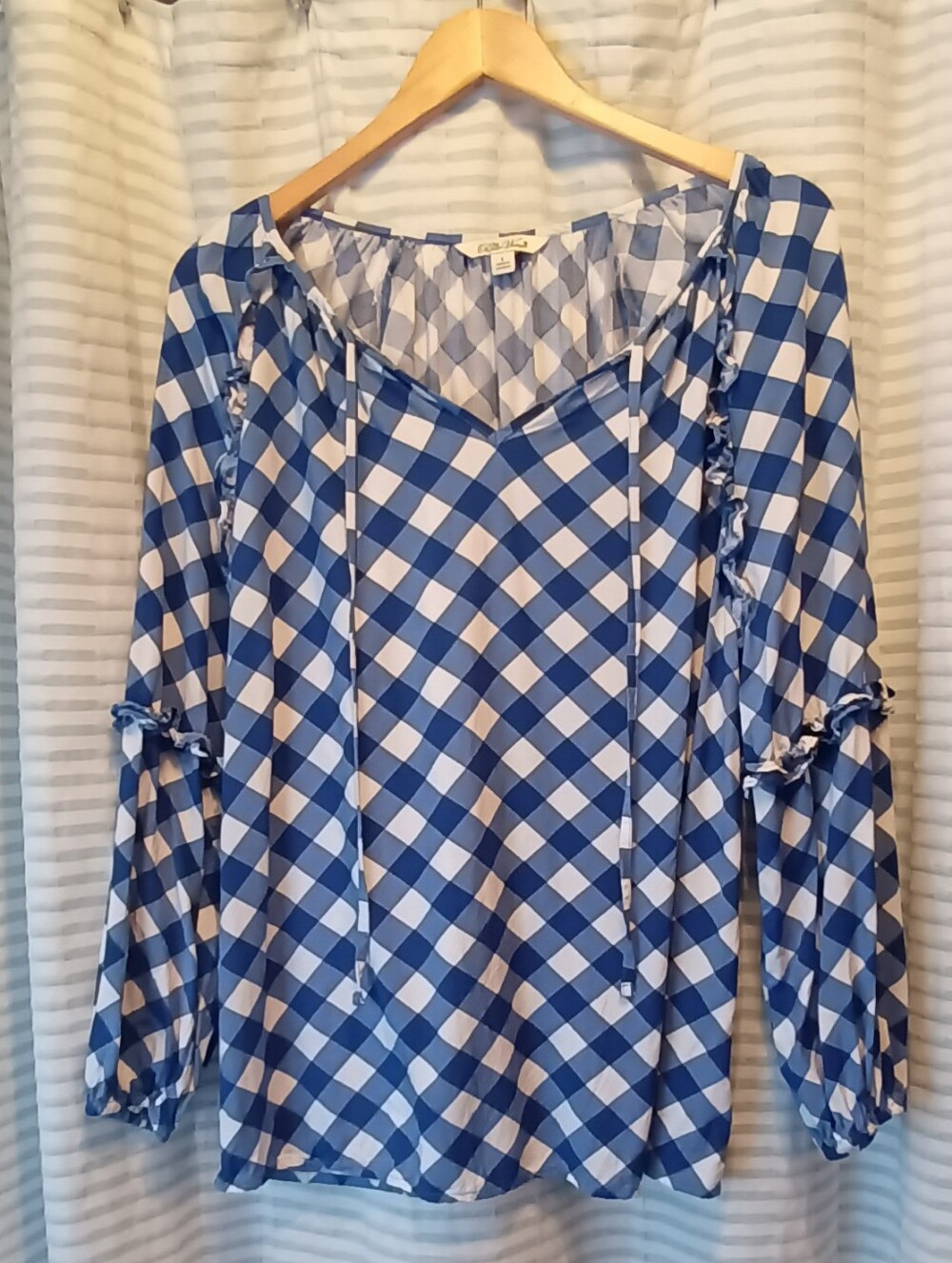 Pioneer Woman Blue and White Gingham Peasant Style Top Tie-Neck Blouse